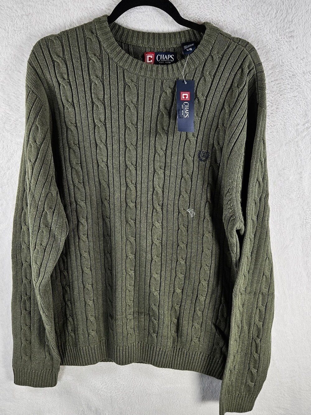 Chaps Cable Knit Sweater 100% Cotton Olive Green Mens Size Large *Fits As Medium